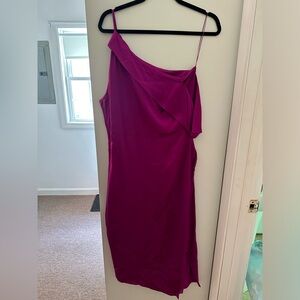 Michelle Mason One Shoulder Draped Silk Dress Fusia Color